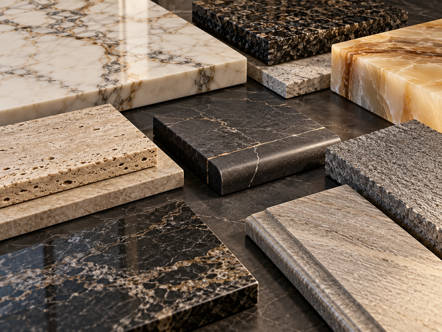 Strip stonees, clusters and stone trays on a beauty sampling table