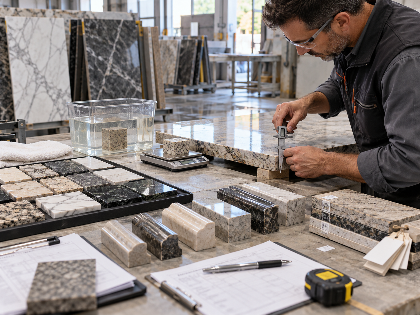 Technician inspecting natural stone at a quality desk